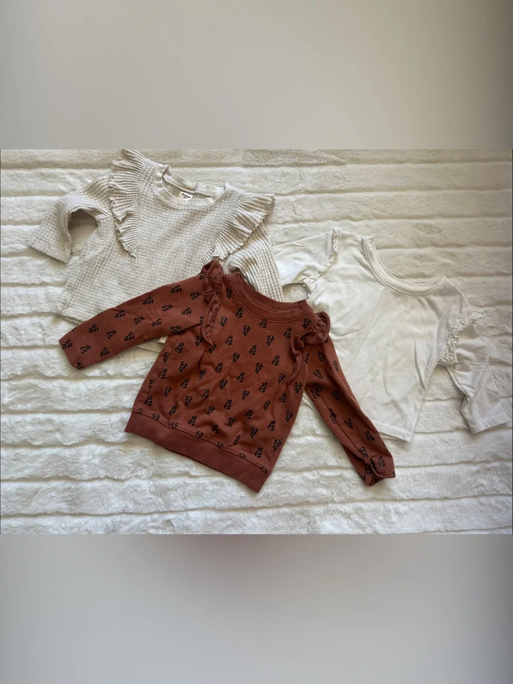3 Kids Long Sleeve Tops - Rust Floral Knit, Cream Waffle Knit & White Ruffle Top